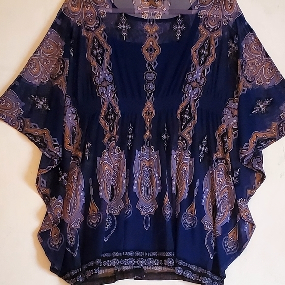 Inc International Concepts Blue Lined Blouse Sheer Paisley Overlay Medium‎ Women - Picture 6 of 15